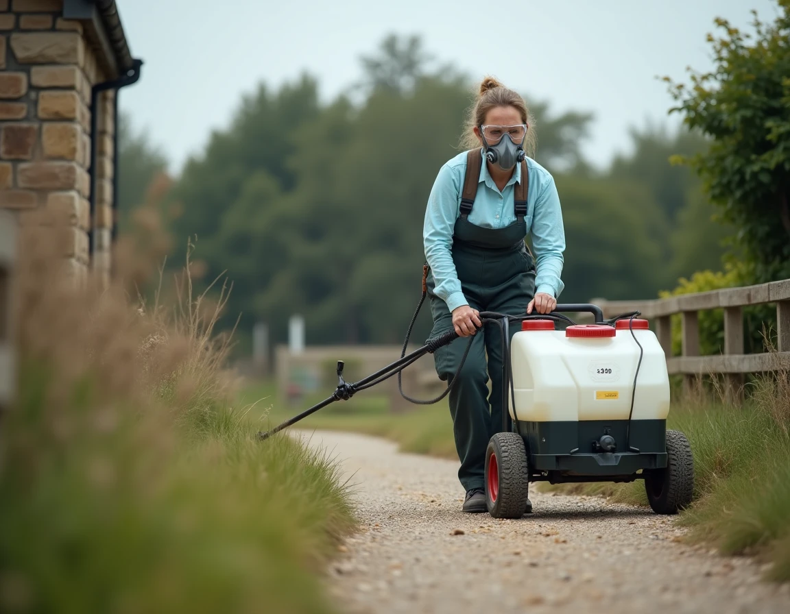 Femme utilisant un pulvérisateur à roues pour appliquer du glyphosate 360 le long d'un chemin de gravier dans un jardin rural