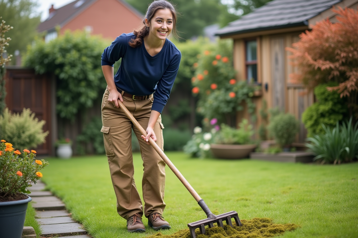 Jeune femme en pantalon kaki ratisse la mousse dans le jardin