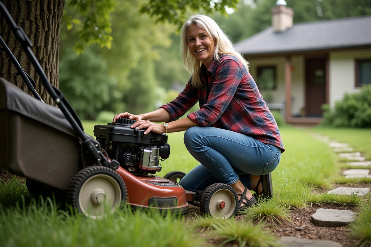 Femme ajustant une tondeuse dans un jardin avec herbes hautes et chemin en pierre