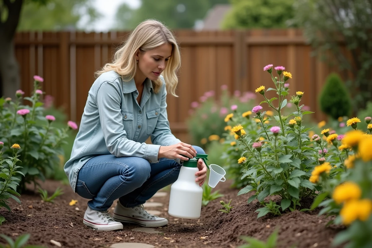 Femme remplissant un pulvérisateur dans un jardin fleuri