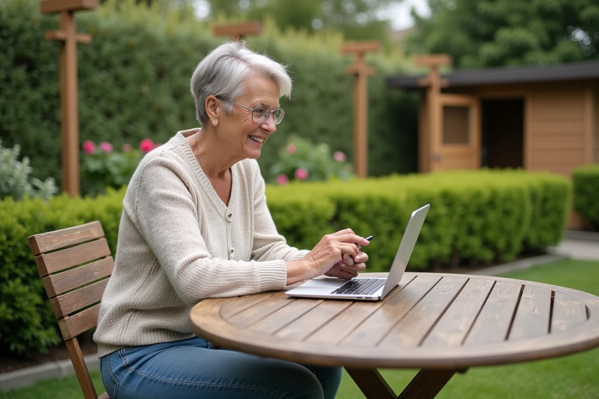 Femme assise dans le jardin avec tablette et sourire