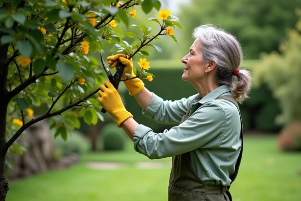 Femme taillant un mimosa dans le jardin
