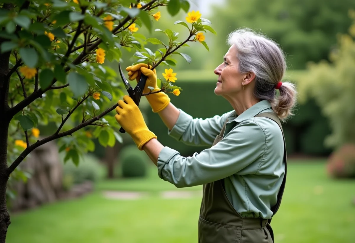 Femme taillant un mimosa dans le jardin