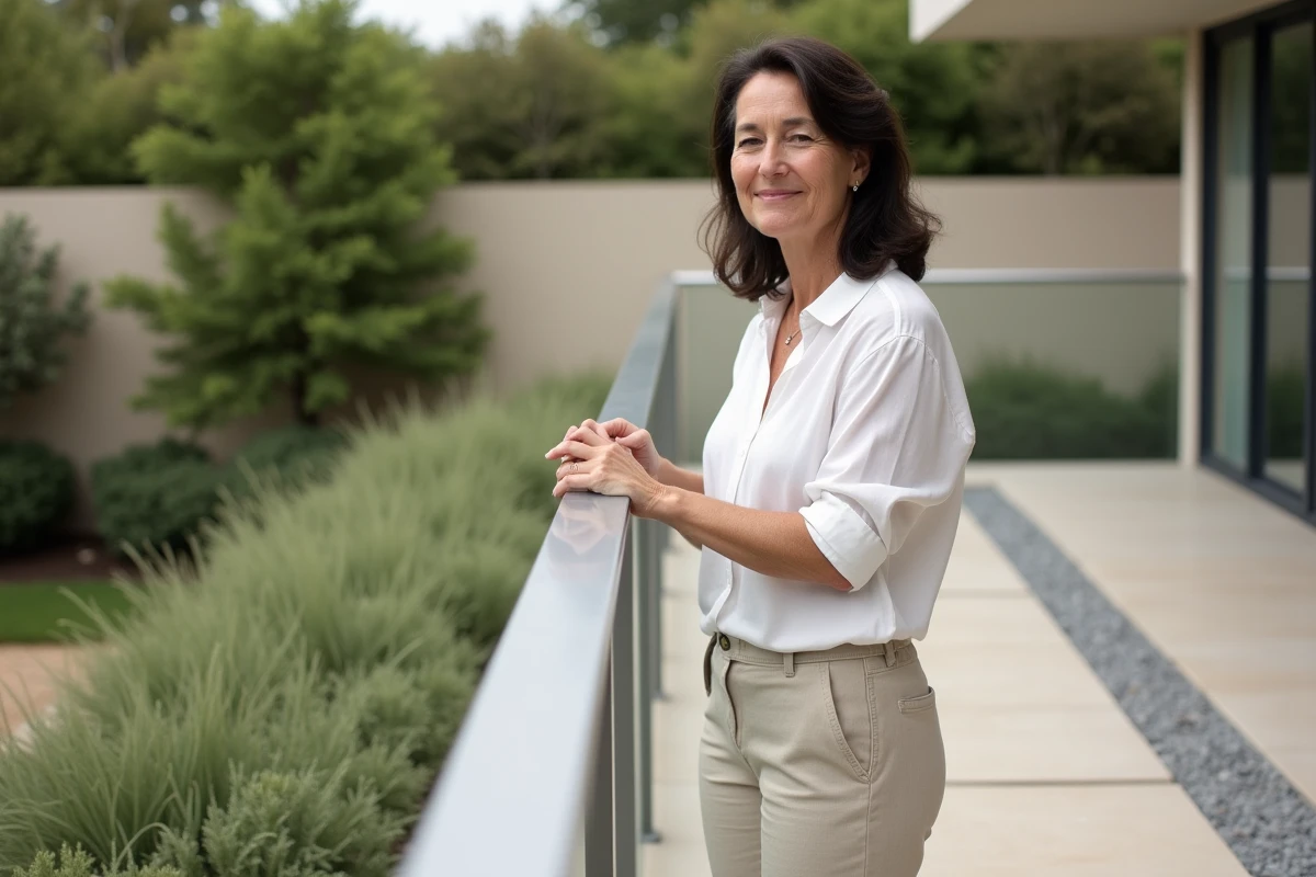 Femme appréciant une terrasse en composite avec balustrade aluminium et verre dans un jardin paysager