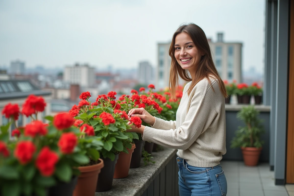 Femme arrangeant des géraniums sur un balcon urbain