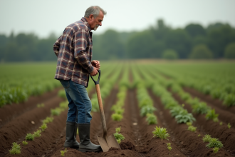 Fermeur avec pelle dans un champ cultivé en plein air