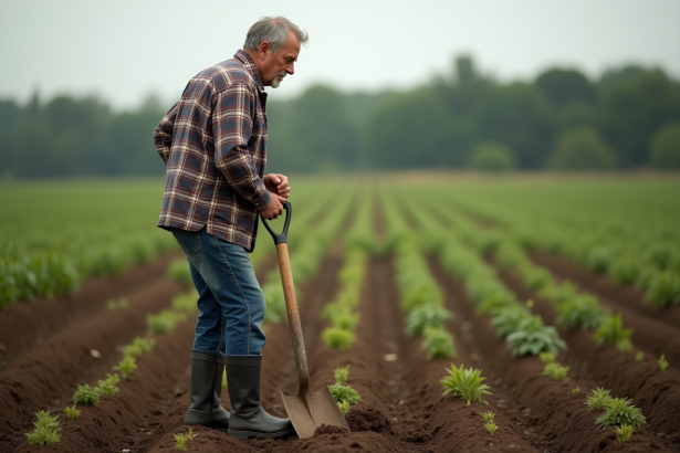 Fermeur avec pelle dans un champ cultivé en plein air
