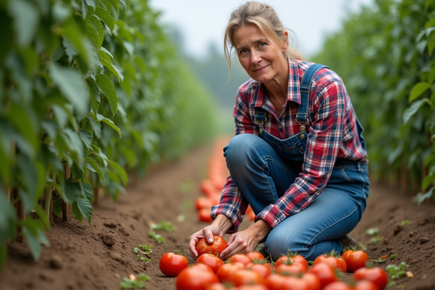 Femme fermière examinant des tomates endommagées dans le champ
