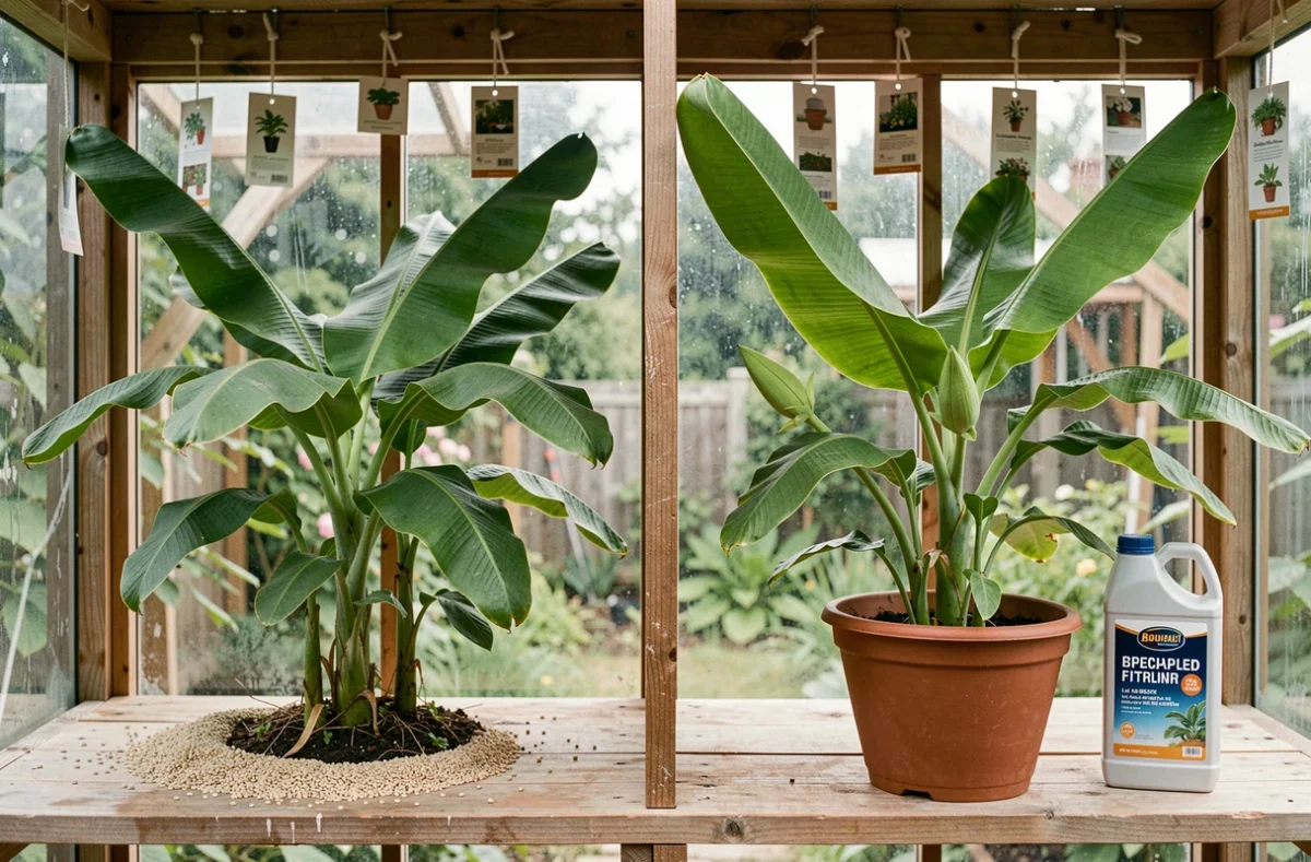Deux bananiers côte à côte illustrant la différence de fertilisation entre la phase végétative et la floraison, montrant des engrais distincts adaptés à chaque stade de croissance.