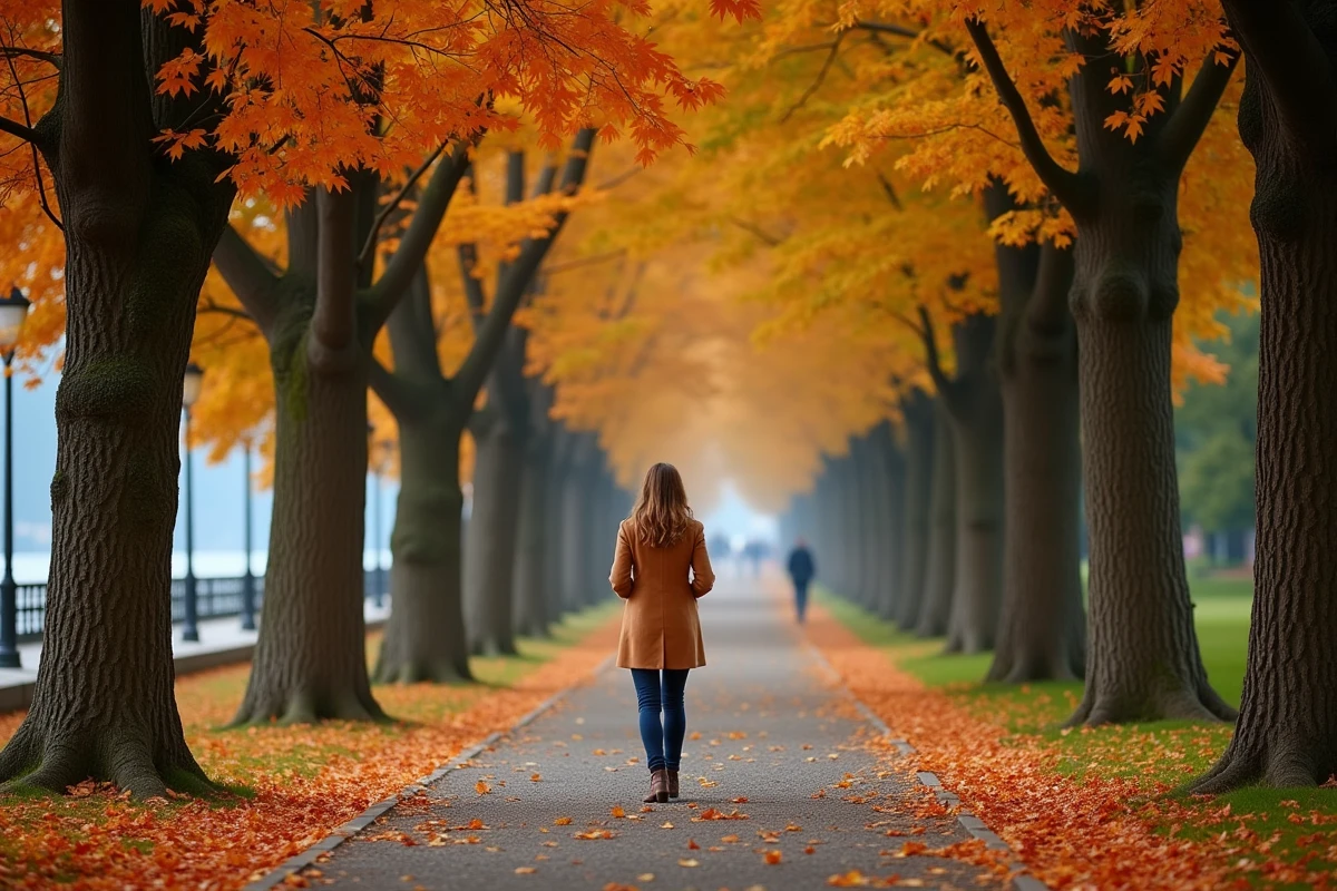 Allée de parc automnal à Annecy avec feuillages orange et dorés et une femme se promenant parmi les feuilles tombées