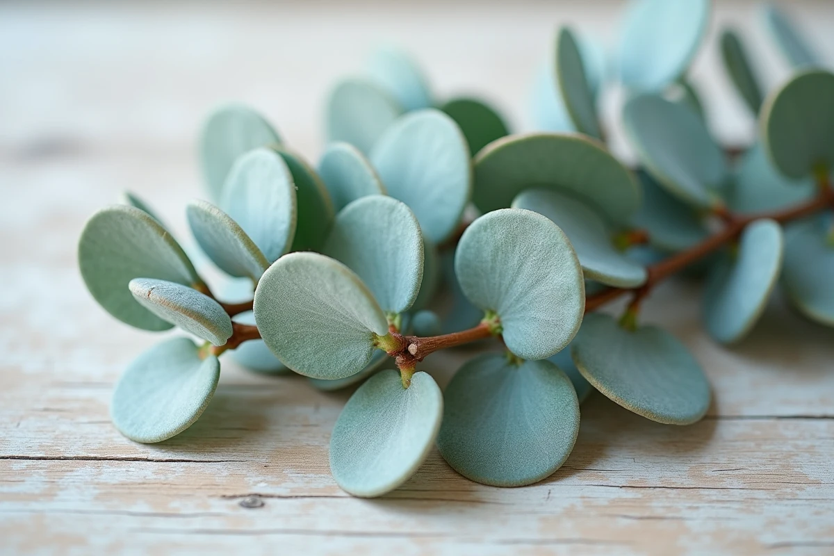 Gros plan sur les feuilles rondes bleutées et les feuilles adultes lancéolées de l'eucalyptus Cider Gum
