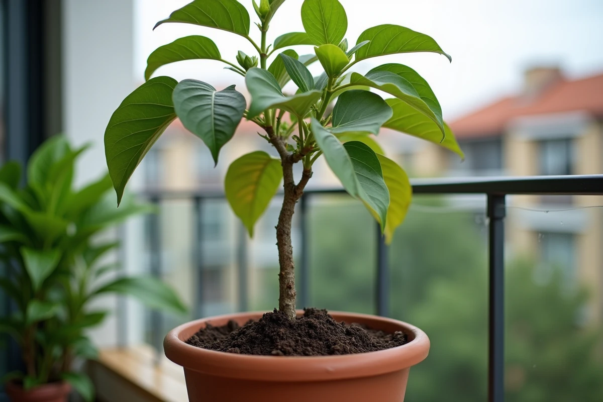Ficus rempotté en pleine reprise avec de nouvelles pousses vertes dans un pot en terre cuite sur un balcon