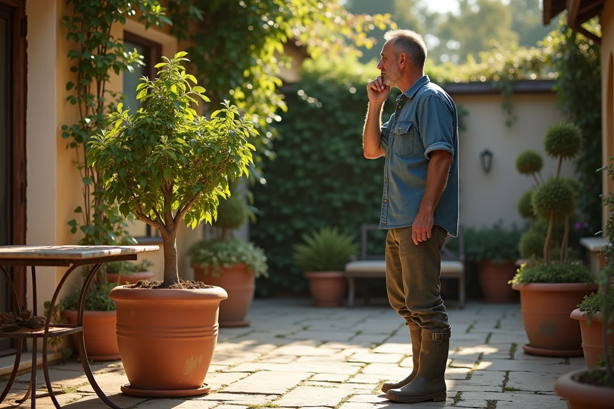 Jardinier inspectant un figuier en pot récemment planté sur une terrasse en pierre de style méditerranéen