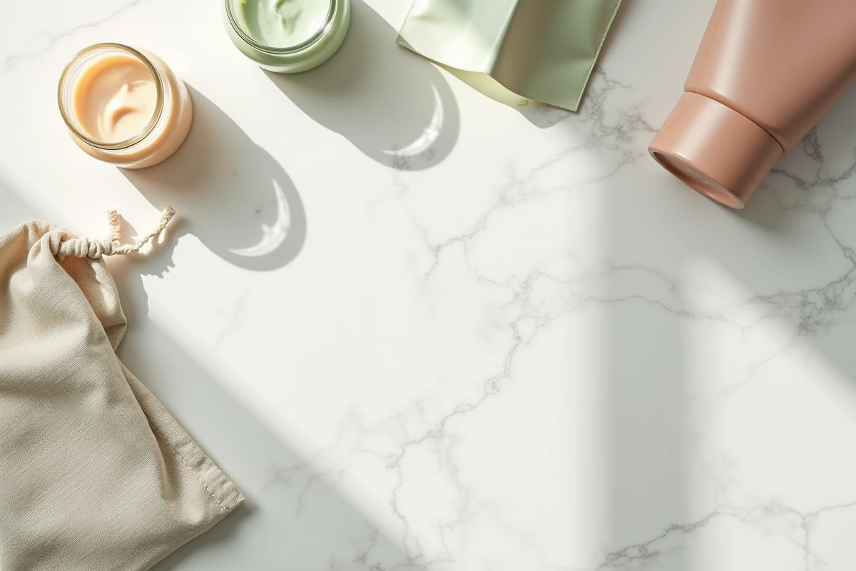 Vue en plongée des produits de la box Pousse-pousse disposés en flat lay sur un plan de travail en marbre
