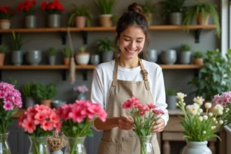 Jeune femme fleuriste arrangeant des waxflowers dans un atelier cosy