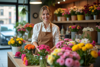 Fleuriste femme arrangeant des bouquets colorés dans une boutique