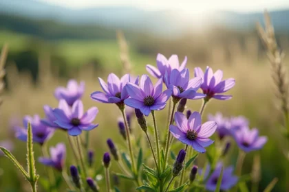 Comparaison de fleurs sauvages mauves et violettes dans une prairie naturelle, montrant les différences subtiles de teintes entre espèces