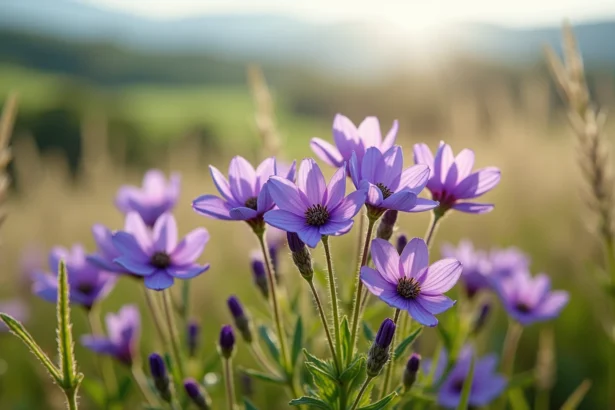 Comparaison de fleurs sauvages mauves et violettes dans une prairie naturelle, montrant les différences subtiles de teintes entre espèces
