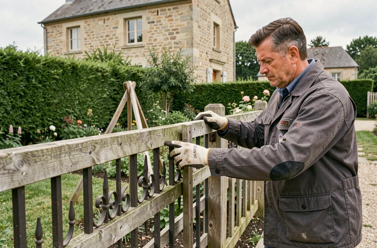 Technicien installant une clôture décorative en bois et métal dans un jardin à Levier dans le Doubs