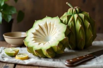 Fruit de ceriman (Monstera deliciosa) posé sur une table en bois rustique, partiellement épluché pour révéler sa chair blanche et sa texture en nid d'abeille