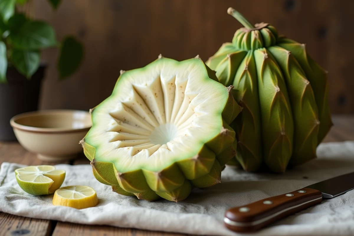 Fruit de ceriman (Monstera deliciosa) posé sur une table en bois rustique, partiellement épluché pour révéler sa chair blanche et sa texture en nid d'abeille