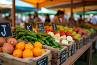 Étalage de marché avec fruits et légumes en J : jalapeños, topinambours, jicama et jacquier dans des paniers en osier