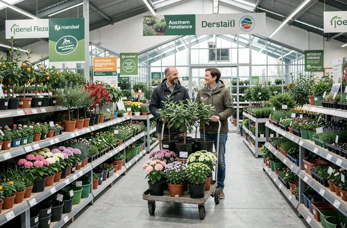 Couple faisant leurs achats dans le rayon pépinière de Gamm Vert Nature à Seclin, poussant un chariot chargé de plantes en pot