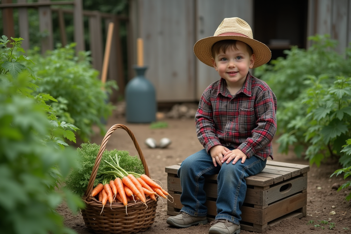 Jeune garçon avec panier de carottes dans le jardin
