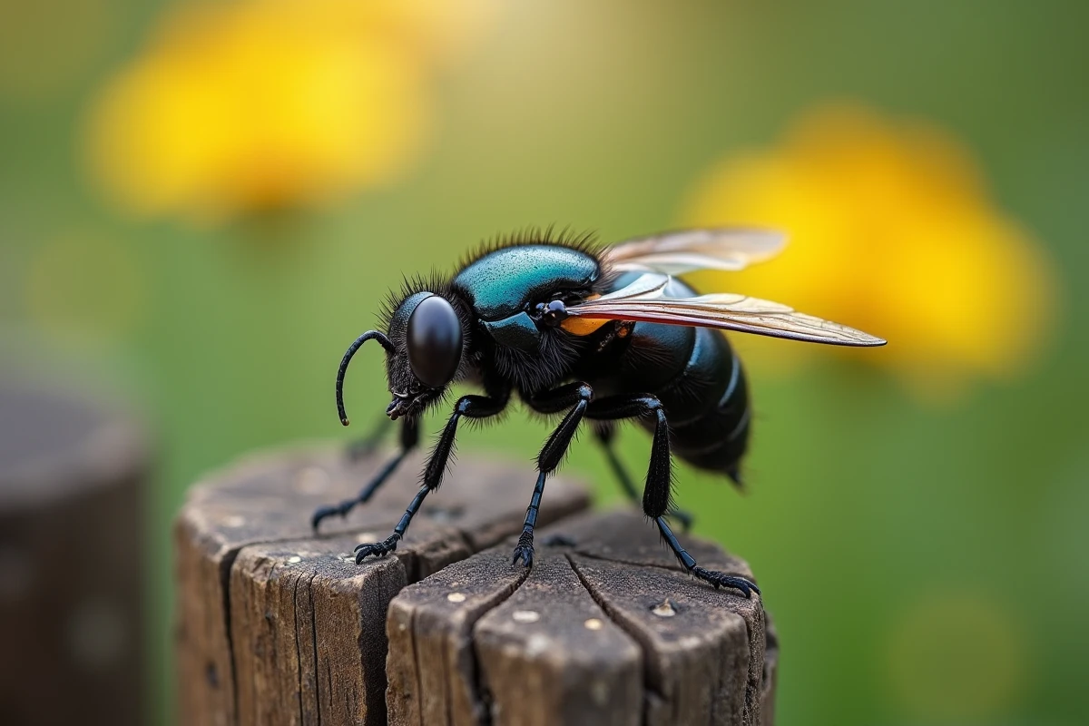 Gros insecte noir volant posé sur un piquet de bois dans un jardin, ailes légèrement ouvertes, vue macro en plein air