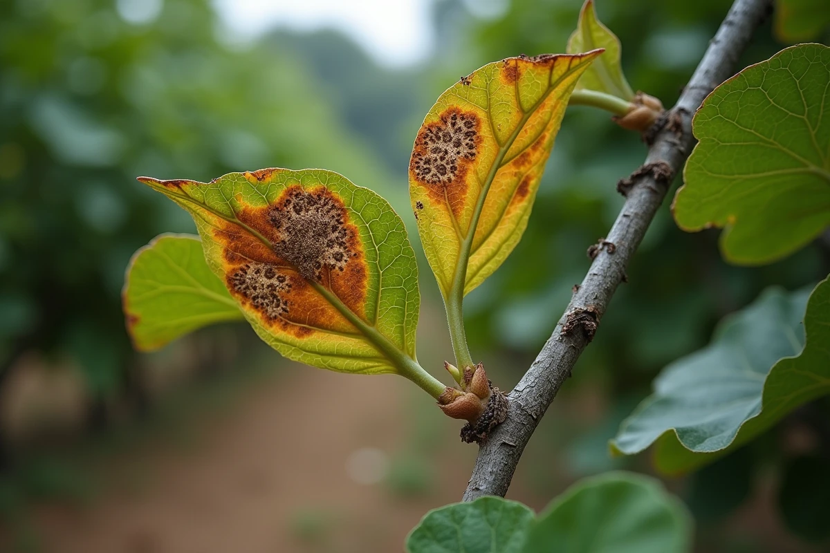 Gros plan sur des feuilles de figuier atteintes de taches brunes, rouille et oïdium, symptômes de maladie