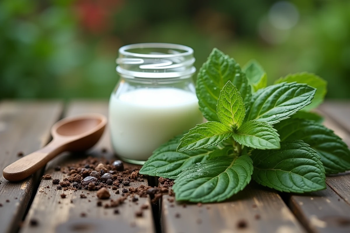 Gros plan de feuilles de menthe noircissantes sur une table en bois avec solution de remède de grand-mère à base de lait