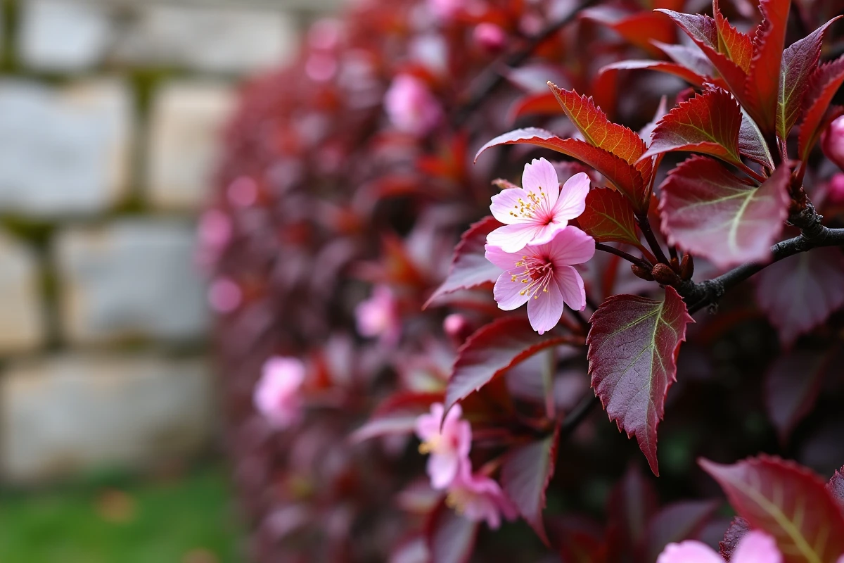 Gros plan sur une haie de Prunus cerasifera taillée avec des fleurs roses et des feuilles bordeaux au printemps