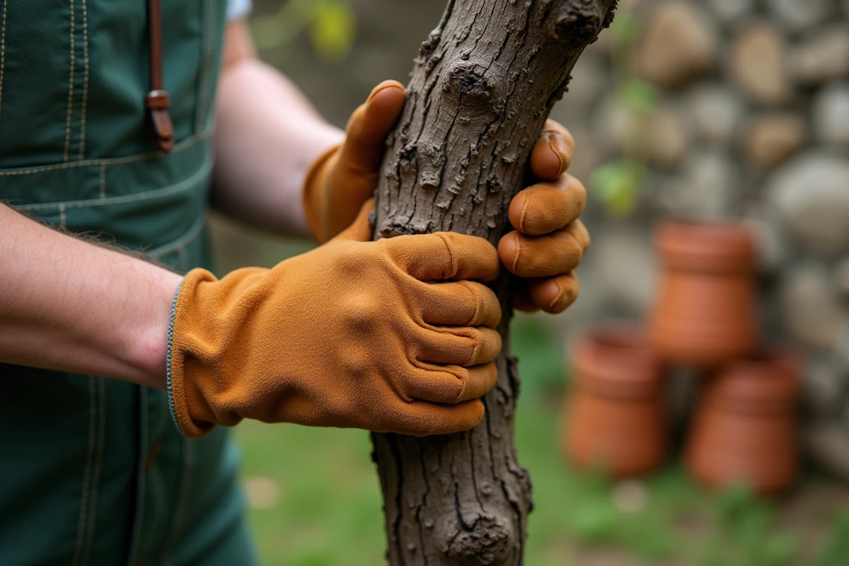 Gros plan sur des mains gantées taillant un cep de vigne avec des bourgeons naissants au printemps