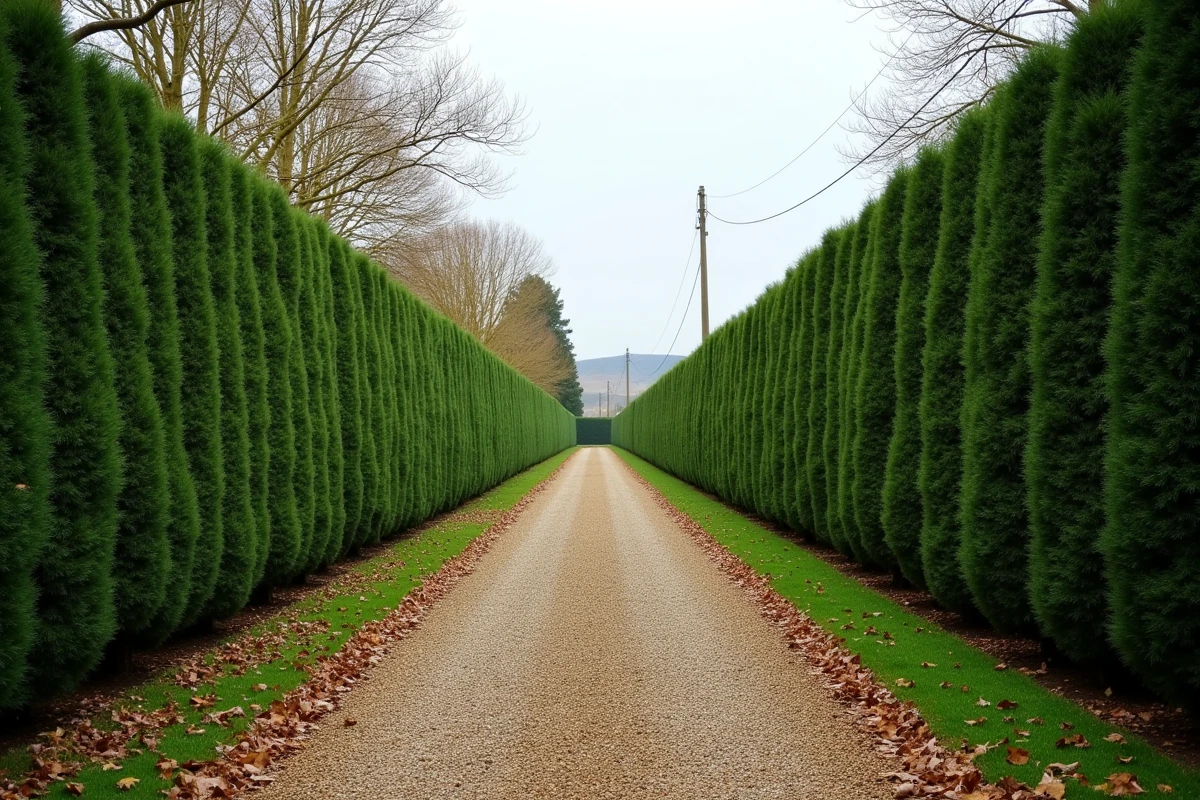Haie de Prunus laurocerasus taillée en écran végétal dense le long d'une allée de gravier dans un jardin de campagne en automne