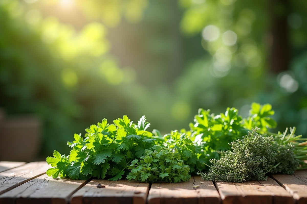 Herbes aromatiques fraîches sur table en bois ombragée