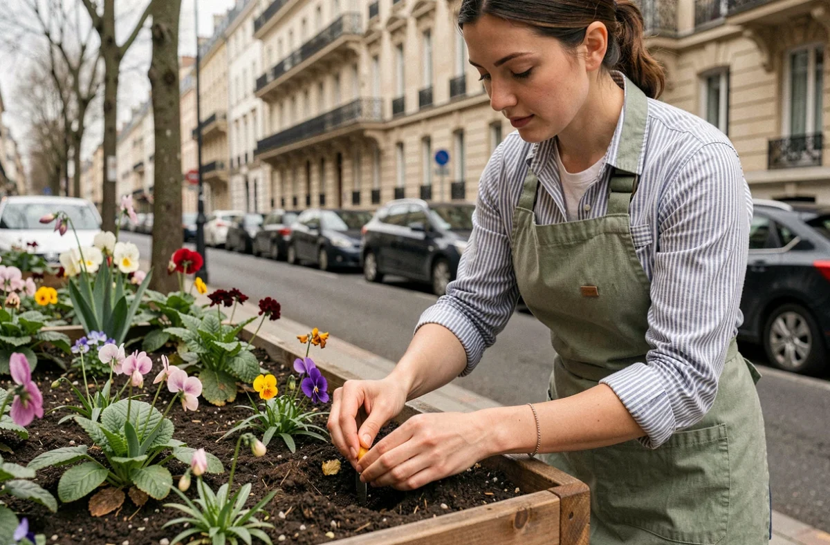 Horticultrice de l'entreprise Herry plantant des fleurs saisonnières dans un bac urbain sur une rue de Seine-Saint-Denis