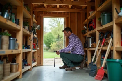 Homme arrangeant outils dans un abri de jardin en bois