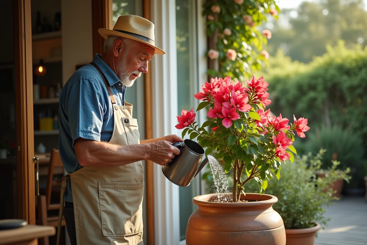 Homme âgé arrosant une bougainvillea en extérieur
