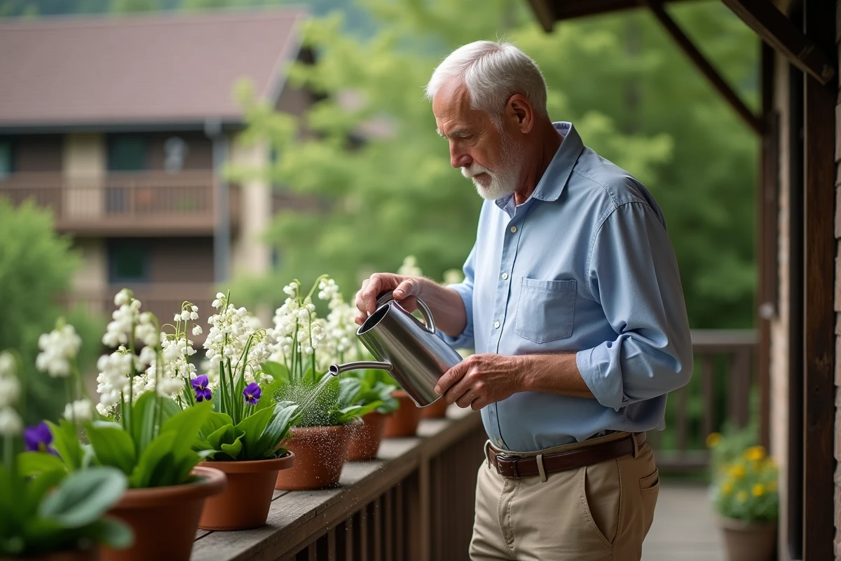 Homme âgé arrosant des plantes dans un balcon en bois
