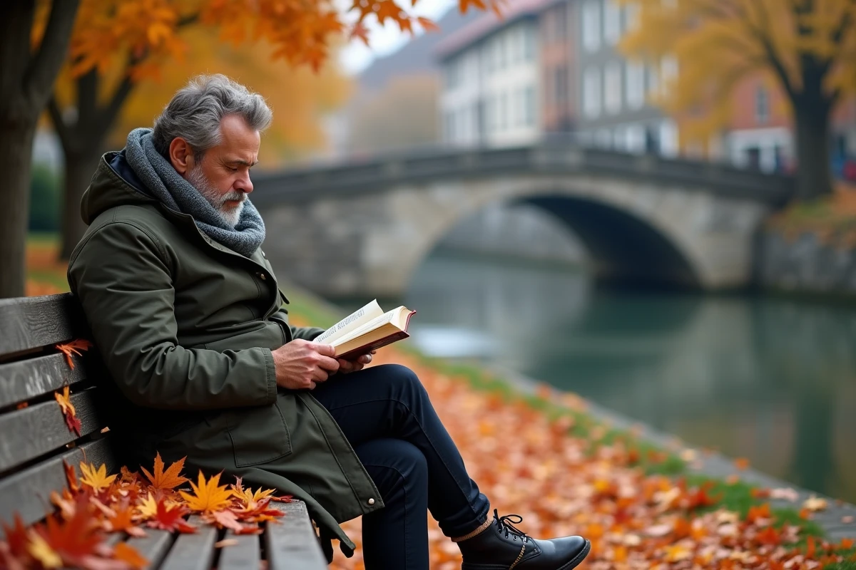 Homme lisant sur un banc entouré de feuilles d'automne dans un parc au bord du canal d'Annecy