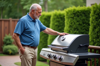 Homme d'âge moyen inspectant un barbecue en extérieur