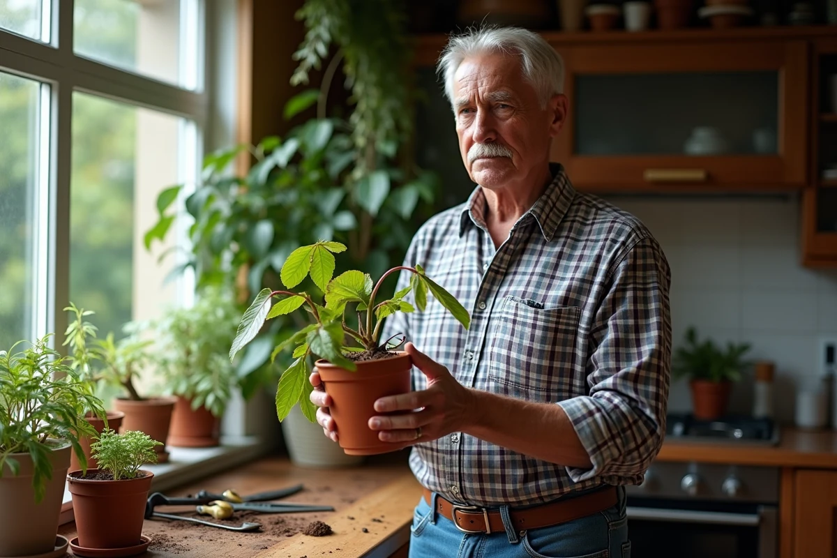 Homme âgé tenant une bougainvillée fanée près de la fenêtre