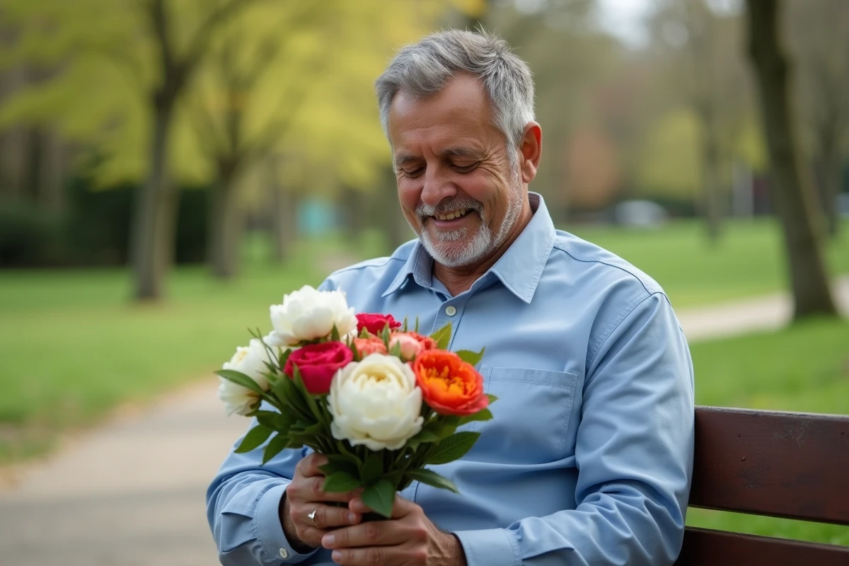 Homme regardant un bouquet dans un parc au printemps