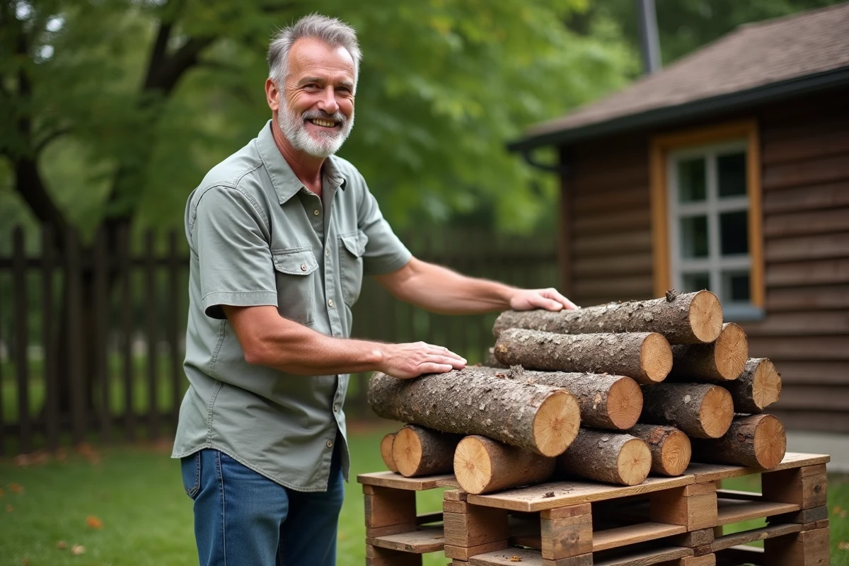 Homme arrangeant du bois de chauffage dans le jardin