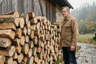 Homme empilant des bûches de bois feuillu en stère contre une grange en bois en automne