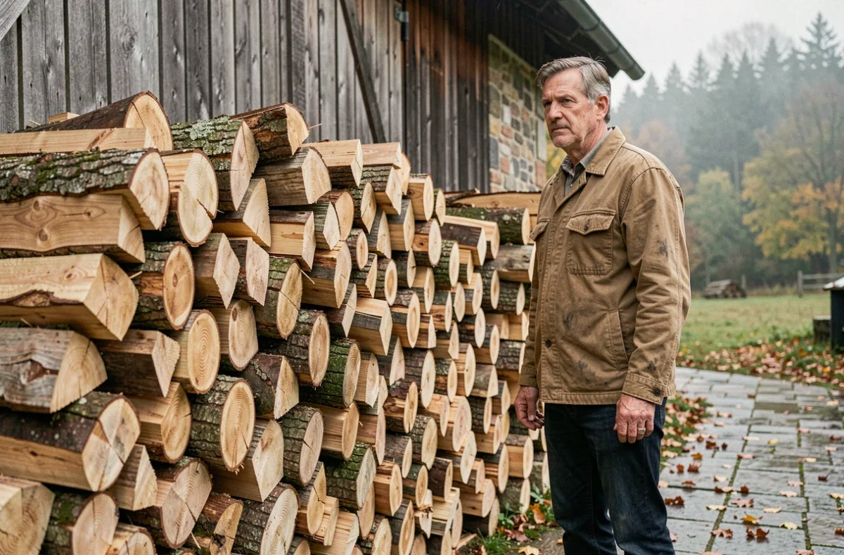 Homme empilant des bûches de bois feuillu en stère contre une grange en bois en automne