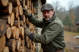 Homme empilant un stère de bois de chêne sec contre un mur en pierre dans une cour de ferme en automne