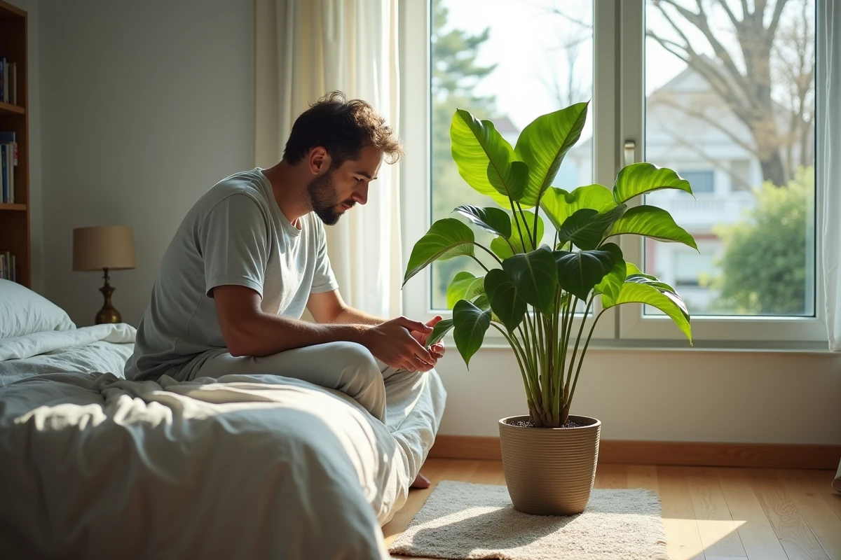 Homme vérifiant l’humidité du sol d’un ficus dans la chambre