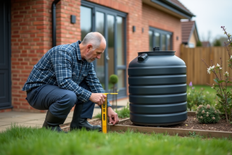 Homme en vêtements de travail vérifiant une cuve d'eau de pluie