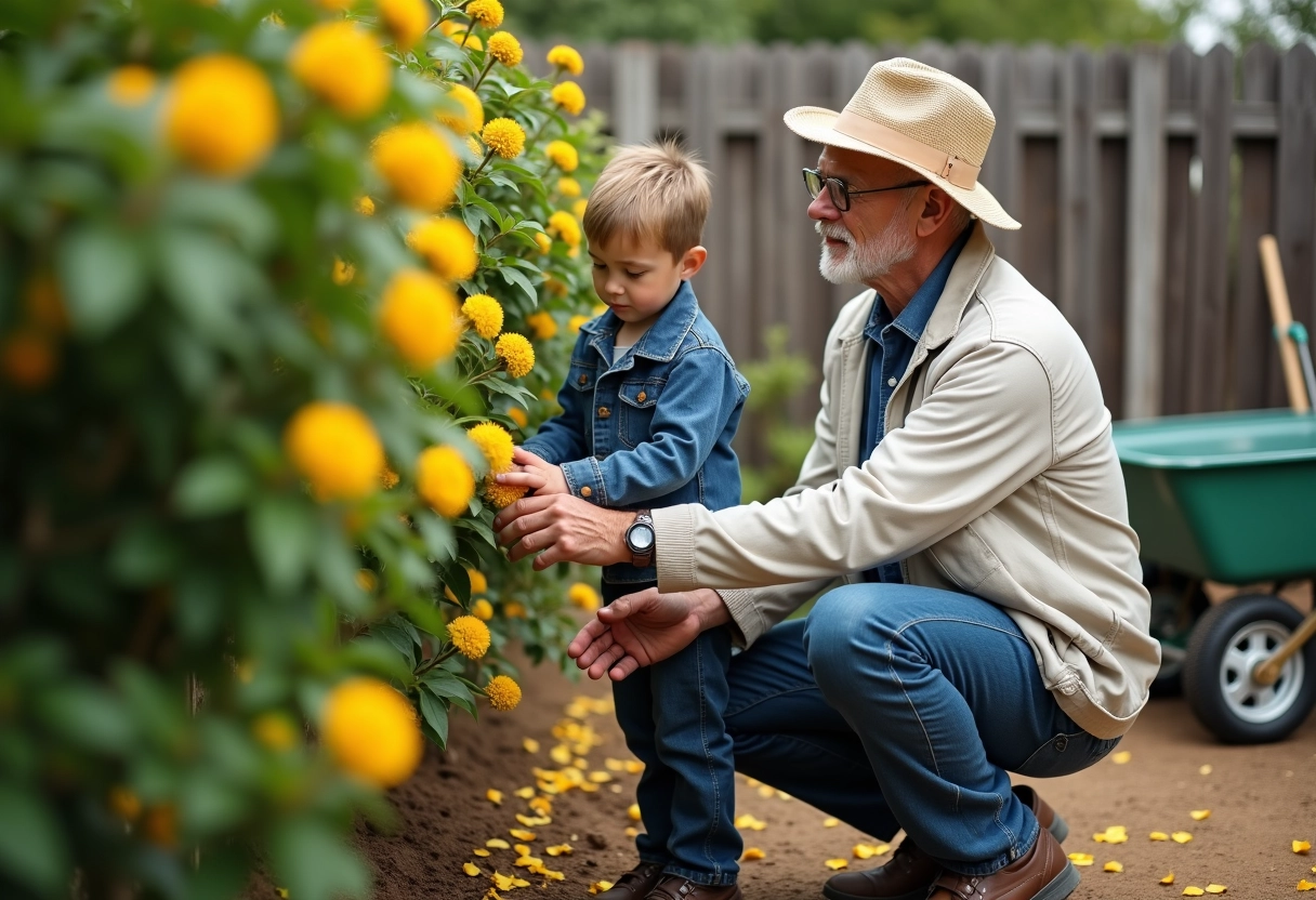 Homme enseignant à un adolescent la taille du mimosa
